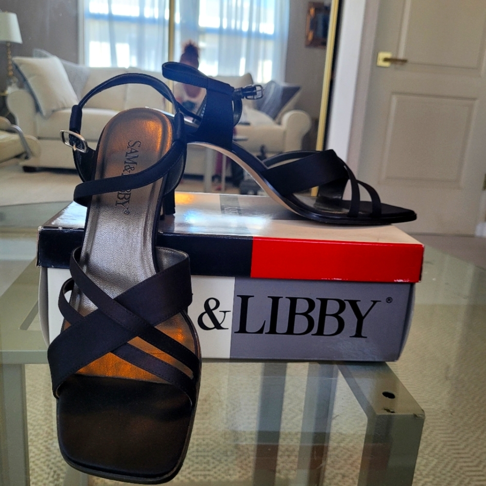 Sam & Libby Black SATIN Strappy Heels Size 9M